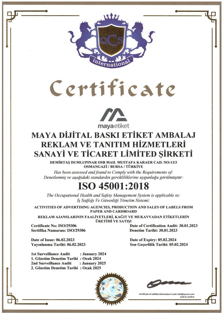 Maya Etiket ISO 45001:2018 Kalite Sertifikası