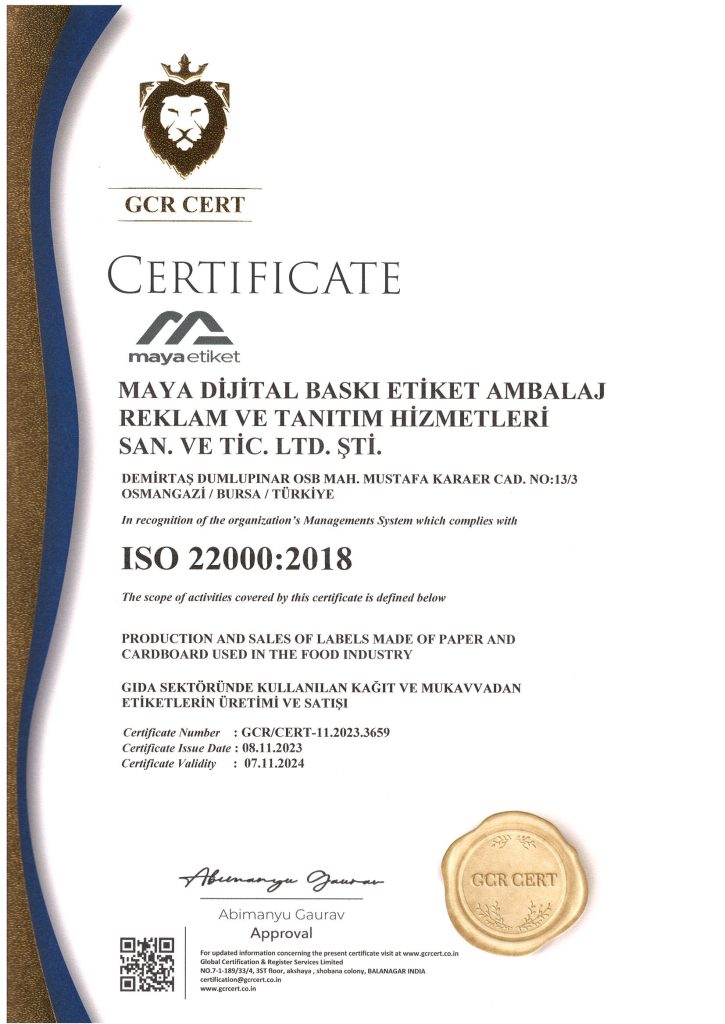 Maya Etiket ISO 22000:2018 Kalite Sertifikası